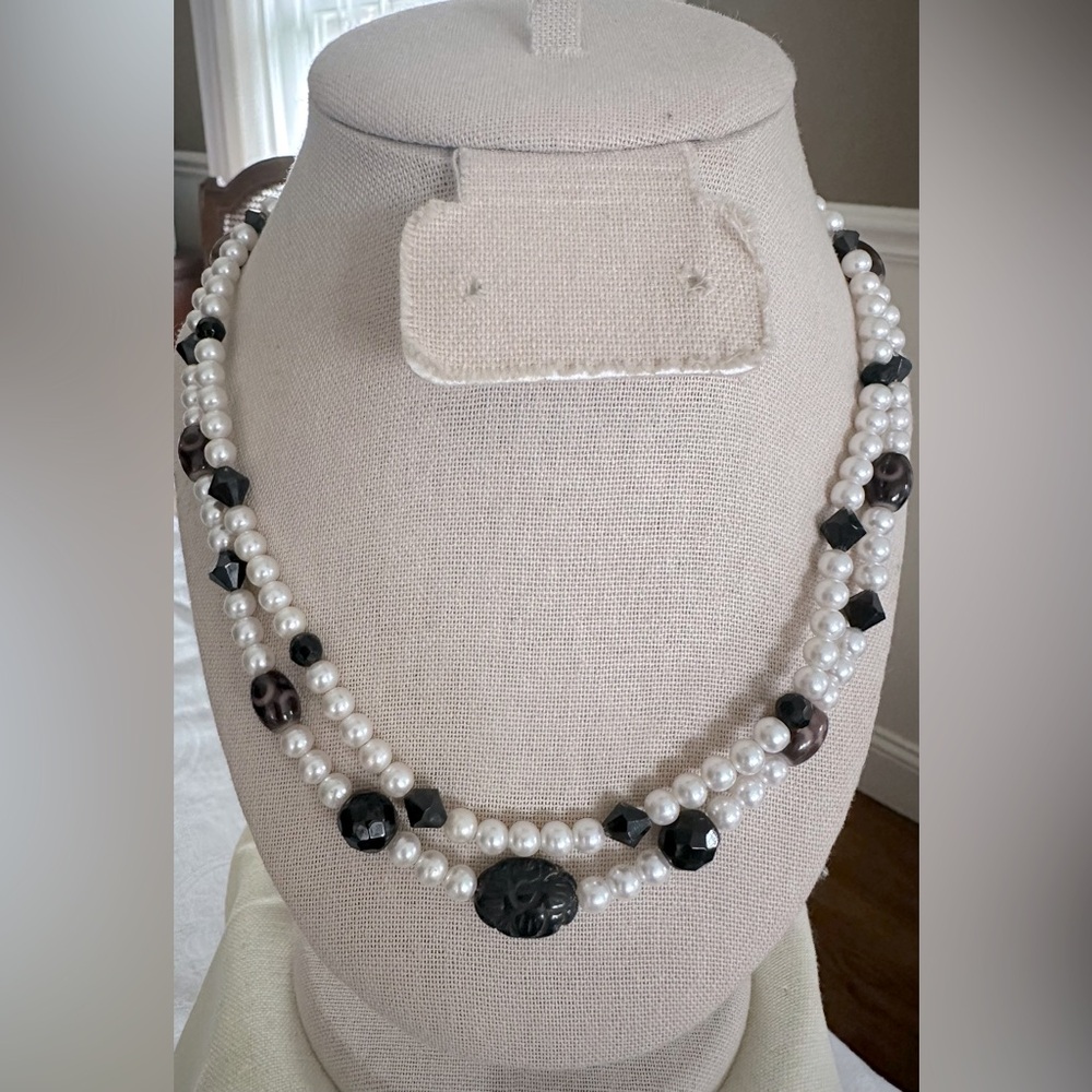 Black faceted glass and onyx & White faux Pearl double stranded Necklace